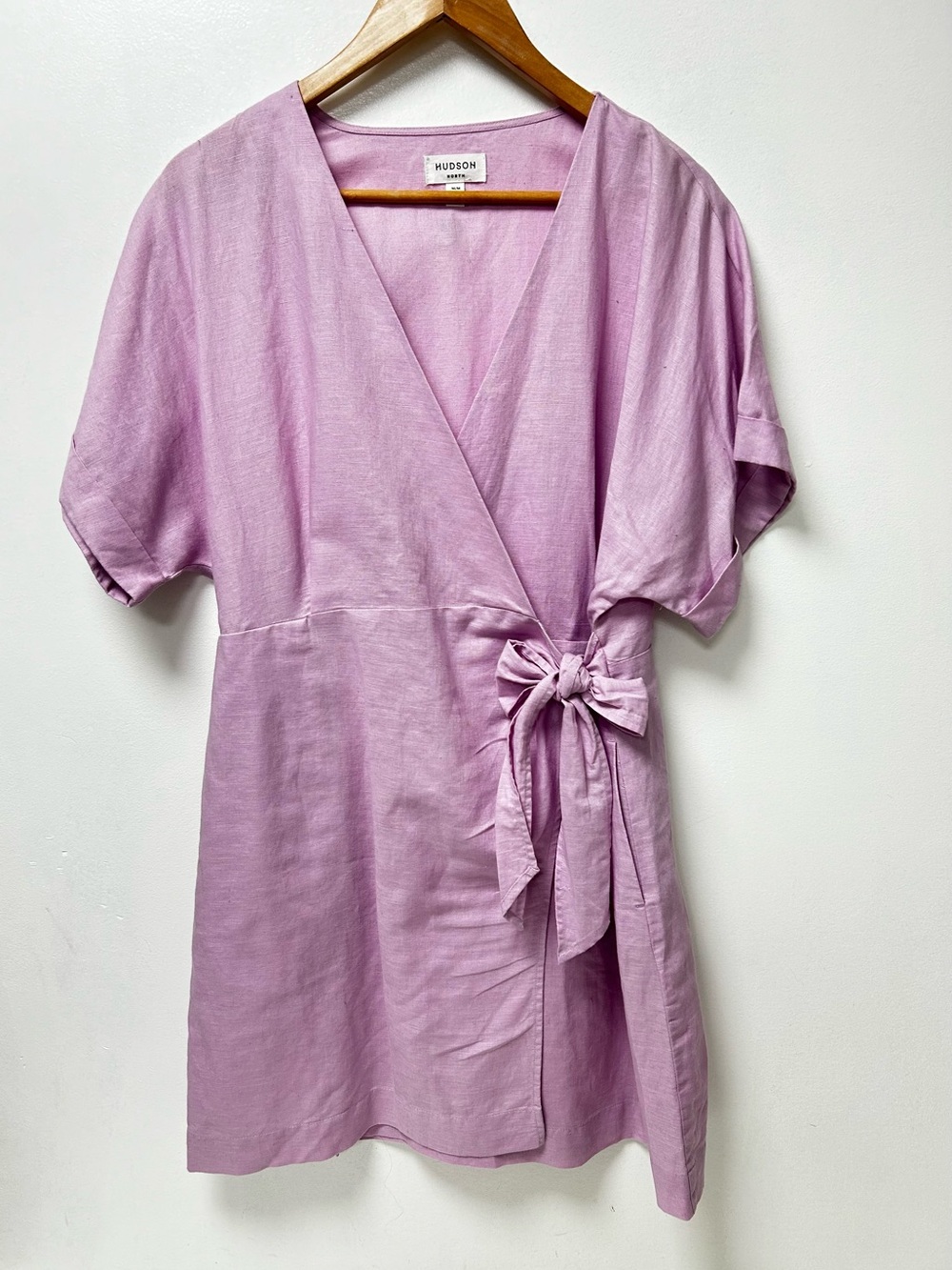 Hudson North Lilac Linen Blend Wrap Dress Side Tie Bow Short Sleeve Mini Dress M